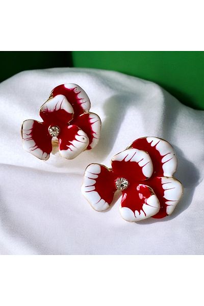alsaccessories Women's White Color Small Ceramic Orchid Earrings with Red Flowers Inside