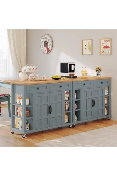 YITAHOME Modern Tekerlekli Mutfak Adası  Açılır Kanat, Şarj İstasyonu  Çok Amaçlı Kullanım