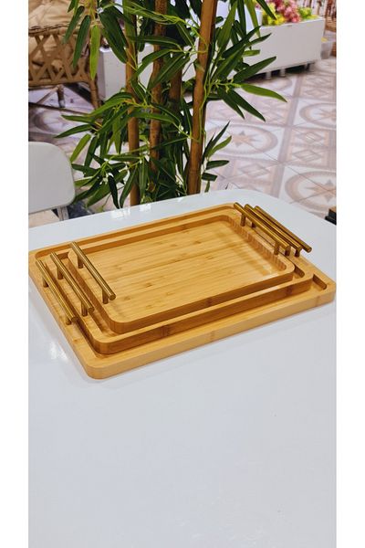 behila Set of 3 Luxury Bamboo Trays Tea Tray, Presentation Tray with Handles, Coffee Presentation Tray