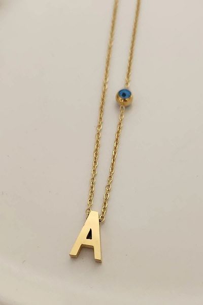 senfonijewelry Evil Eye Beaded Letter Steel Necklace Letter A