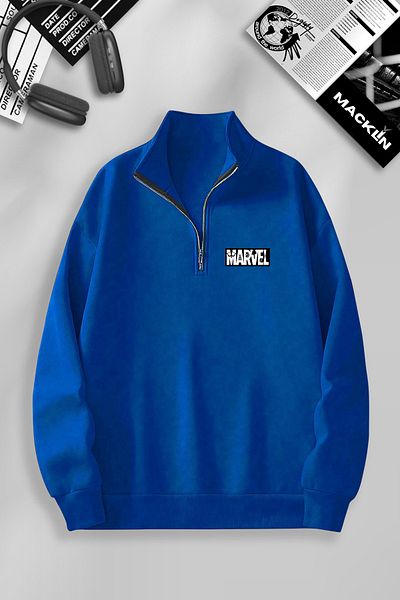 macklin Hanorac pulover de bază unisex cu sigla Marvel imprimată - jumătate cu fermoar, guler în picioare