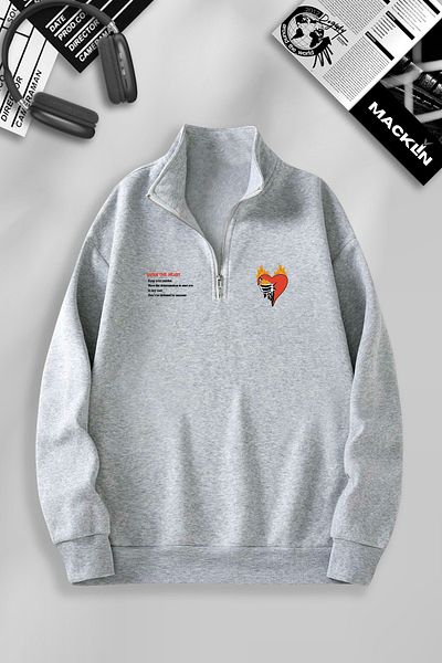 macklin Hanorac pulover de bază unisex cu imprimeu Burn To Heart - cu jumătate de fermoar, guler ridicat