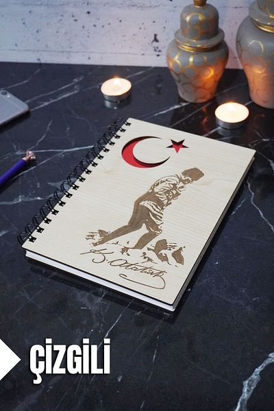 markcat Kemal Atatürk Themed Lined Wooden Cover Notebook - for Agenda and School (A5 - 120 Pages)