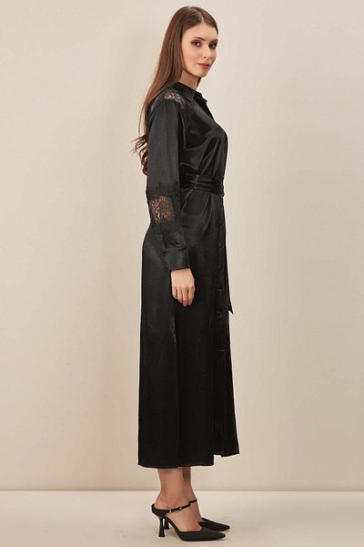 Guitar Rochie neagra cu guler camasa din satin