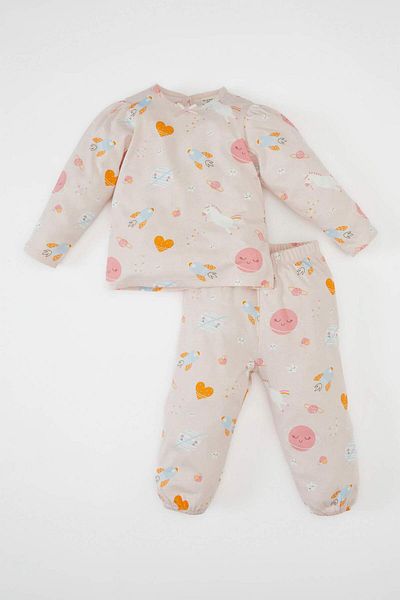 DeFacto Dfc - Baby Girl Long Sleeve Patterned Combed Cotton Pajama Set