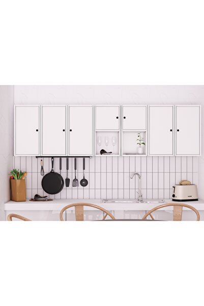 Nettrends Sandara 7 Kapaklı 2 Açık Raflı Duvara Monte Beyaz Çok Amaçlı Dolap