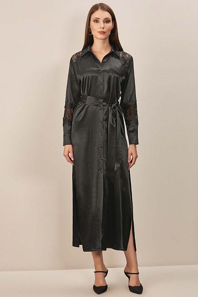 Guitar Rochie neagra cu guler camasa din satin