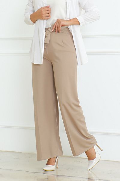 Eliva Stone Colored Women's Hijab Trousers with Wide Leg and Belt Detail