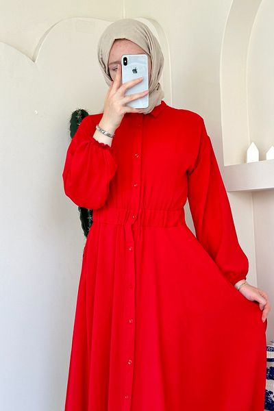 ModaAycan Red Ma154 Model Buttoned Dress
