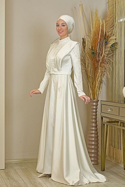 Surikka Bead Embroidered Draped Train Miranda Evening Dress