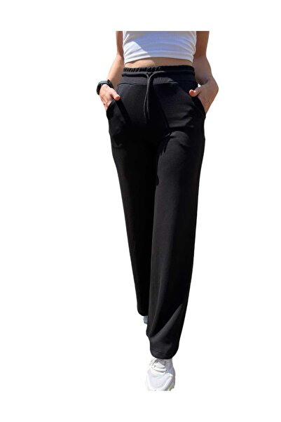 The muscey Women's Black Elastic Waist Wide Leg Trousers