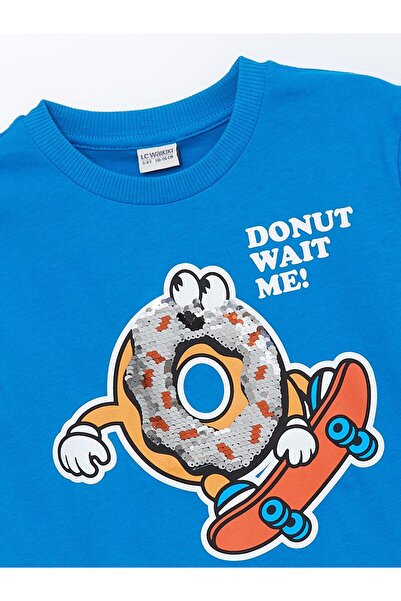 LC Waikiki Tricou pentru copii LCW pentru băieți - albastru vibrant, decolteu, imprimat, cu paiete reversibile, mânecă scurtă