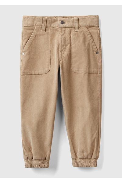 United Colors of Benetton Boy's Beige Back Pocket Logo Detailed Elastic Leg Velvet Trousers