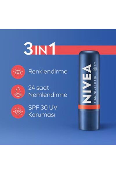NIVEA Renkli Dudak Bakım Kremi Mercan 4,8 g SPF30 Doğal E Vitamini Dudak ve Y...