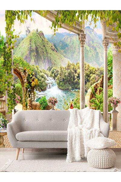 dreamwall Dağ Ve Şelale Manzaralı Teras Desenli Sağlıklı Tekstil Duvar Kağıdı
