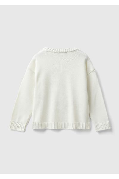 United Colors of Benetton Ecru Cat Kitten Patterned - Girl's Crew Neck Sweater with Skirt Detail
