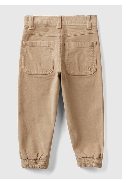 United Colors of Benetton Boy's Beige Back Pocket Logo Detailed Elastic Leg Velvet Trousers