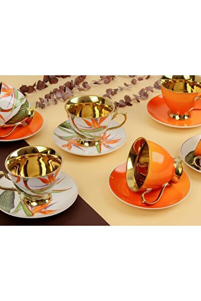 Genel Markalar Amazon Turuncu Gold Çiçekli 6 Kişilik Porselen Kahve Fincan Ta...