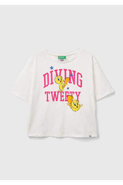 United Colors of Benetton تي شيرت بناتي أبيض بأكمام قصيرة مطبوع عليه أرنب لول...