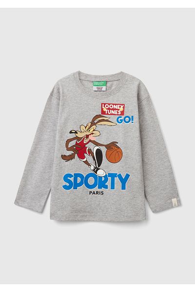 United Colors of Benetton Boy's Gray Looney Tunes Printed Long Sleeve T-shirt - Melange Sleeve