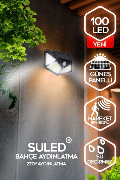 SULED Sl-1004 Güneş Enerjili Solar Lamba 100 Ledli Sensörlü Duvar Tipi Su Geçirmez Sokak Bahçe Lambası