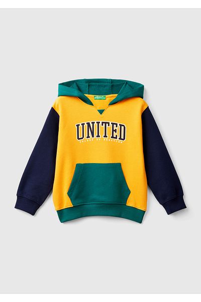 United Colors of Benetton Boy's Hooded Yellow Mix Logo Printed Sweatshirt - Kangaroo Pocket