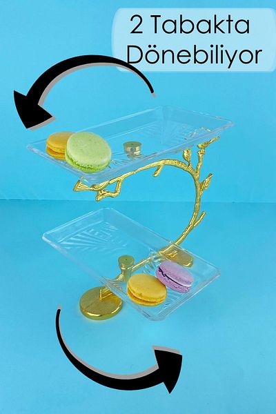 MAY HOME Gold Madlen Rectangular Cookie Holder & 2-Tier Glass Plate Serving Rack