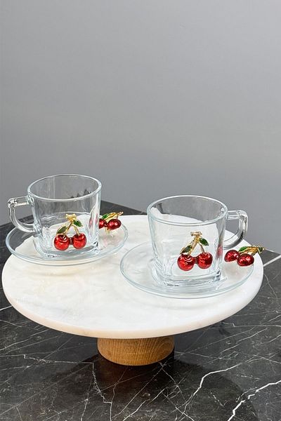 MAY HOME Glass Tea Coffee Nescafe Cup & Cherry Model Gift Mug for 2 People