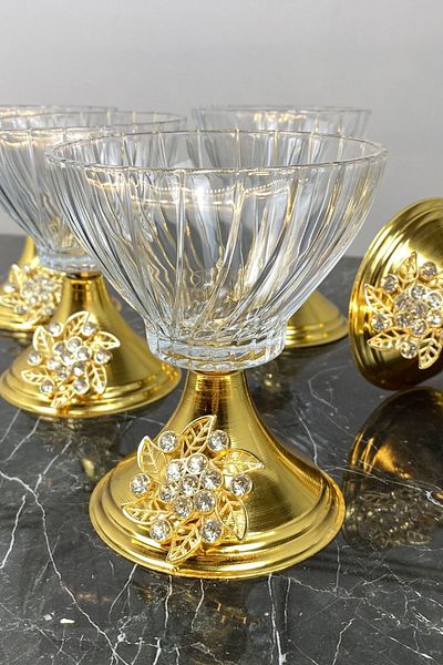 MAY HOME 6-Piece Metal Gold Footed Glass Magnolia Catering Snack Bowl
