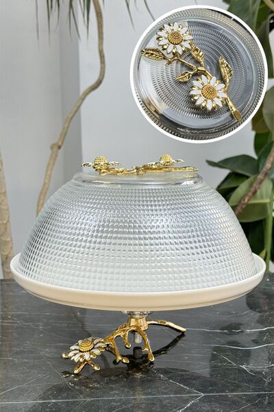 MAY HOME Double Daisy Detailed Footed Porcelain Cake Dish with Glass Lid