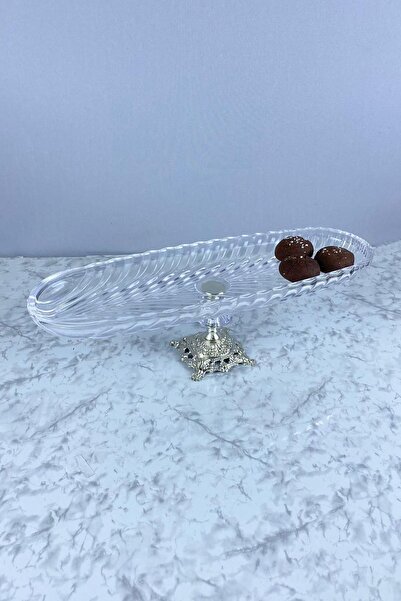 MAY HOME Gümüş Ayaklı Cam Peynir Meyve Kurabiye Salata Sunum Tabağı
