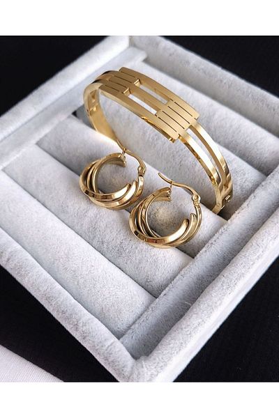 zeynep Z&D ACCESSORY 316L Gold Steel Rib and Spiral Earrings Set