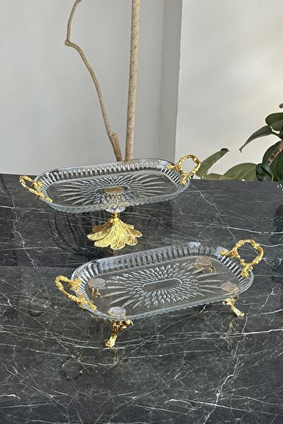 MAY HOME Luxury 2-Piece Gold Standing Serving Tray and Standing Serving Plate