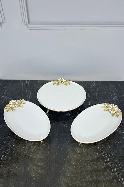 MAY HOME Papatya 3-Piece Porcelain Presentation Plate Set with Footrest