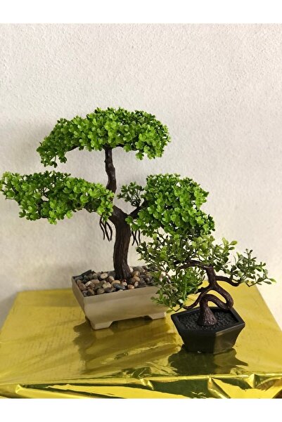 paris dünyası 1 Takım Masaüstü Yapay Bonsai Ağaç Ve 1 Adet Küçük Bonsai Ağaç