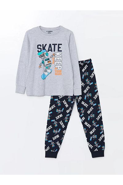 LC Waikiki Lcw Kids Boy's Pajamas Set - Light Gray Melange, Crew Neck, Printed, Long Sleeve