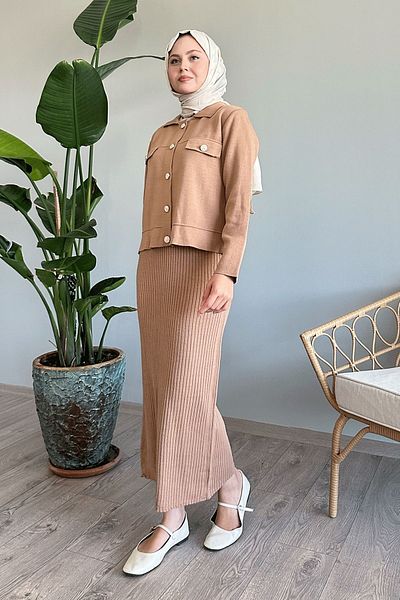 InStyle Σετ μπουφάν και φορέματος με πλεκτά καμηλό χρώμα