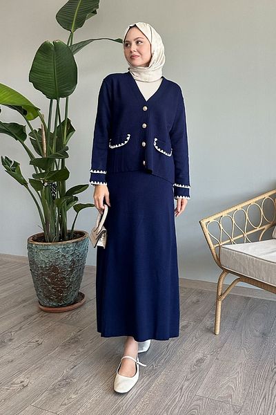 InStyle Navy Blue Knitwear Set - Skirt with Stitching Detail