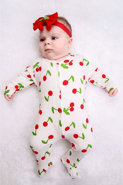 Beniizle Girl's Jumpsuit - Cherry Patterned and Snap Booties