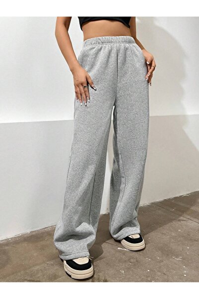 RABTEKS Γυναικείο χτενισμένο βαμβακερό παντελόνι Joggor σε γκρι ψηλή μέση