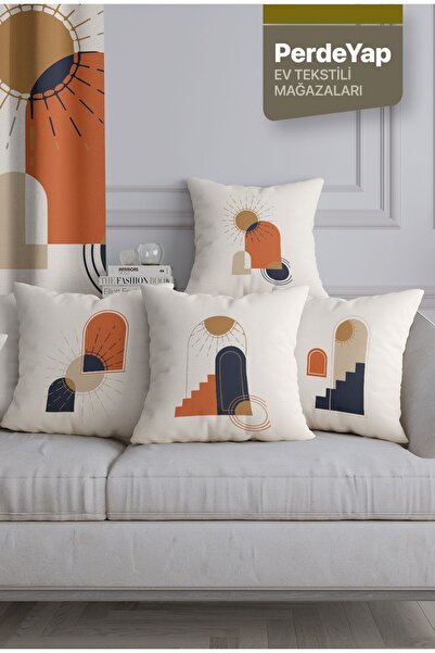 PerdeYap1980 غطاء وسادة مطبوع رقميًا مكون من 4 قطع منقوش عليه شروق الشمس كريمي 43 × 43 سم 032