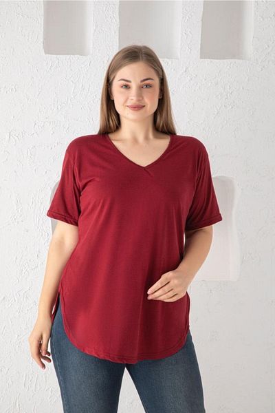 Trendbade Butik Tricou de damă cu decolteu în V de mărime mare - Roșu Claret