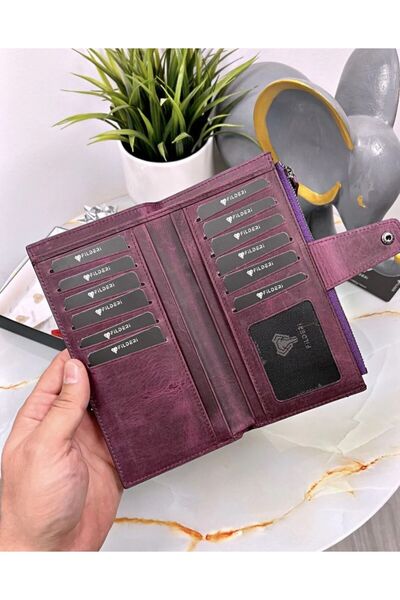 Fil Deri Large Wallet - Genuine Leather with External Phone Compartment and M...