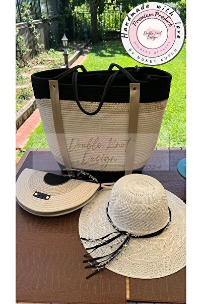 DOUBLE KNOT DESİGN Elegance 3 lü Takım Plaj El Çantası Clutch Şapka Totebag K...