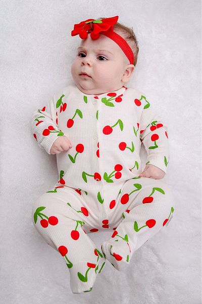 Beniizle Girl's Jumpsuit - Cherry Patterned and Snap Booties