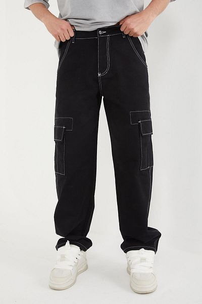 DİFRANSEL Black Baggy Men's Trousers - Cargo Pocket