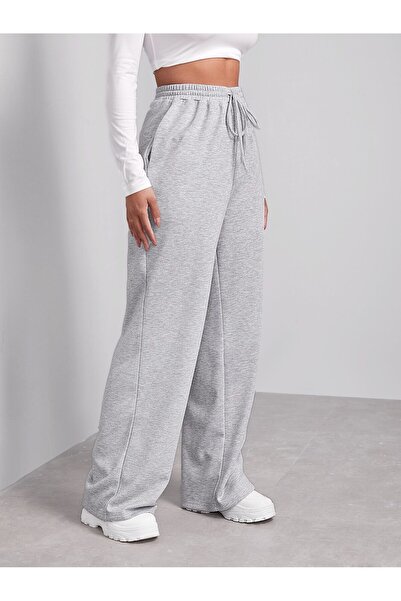 RABTEKS Kadın Gri Beli Lastikli Salaş Bol Paça Eşofman Altı
