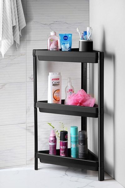 Omaş Household Product وحدة أرفف مثلثة من Ahir Ticaret مكونة من 3 طبقات منظم رف حمام زاوية سوداء