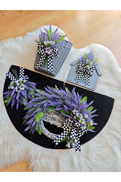 Serçeden Bambu çelenk lavanta çiçekli kapı süsü paspas sepet ahşap anahtarlık 4lü takım