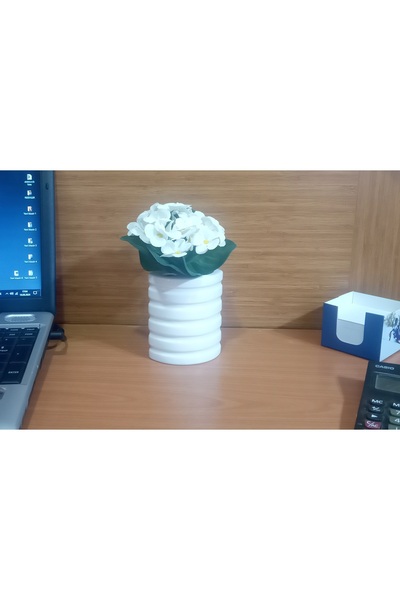 Sia Flower Vase, White Artificial Flower, Vase Decorative Oval Striped 9X6X16Cm